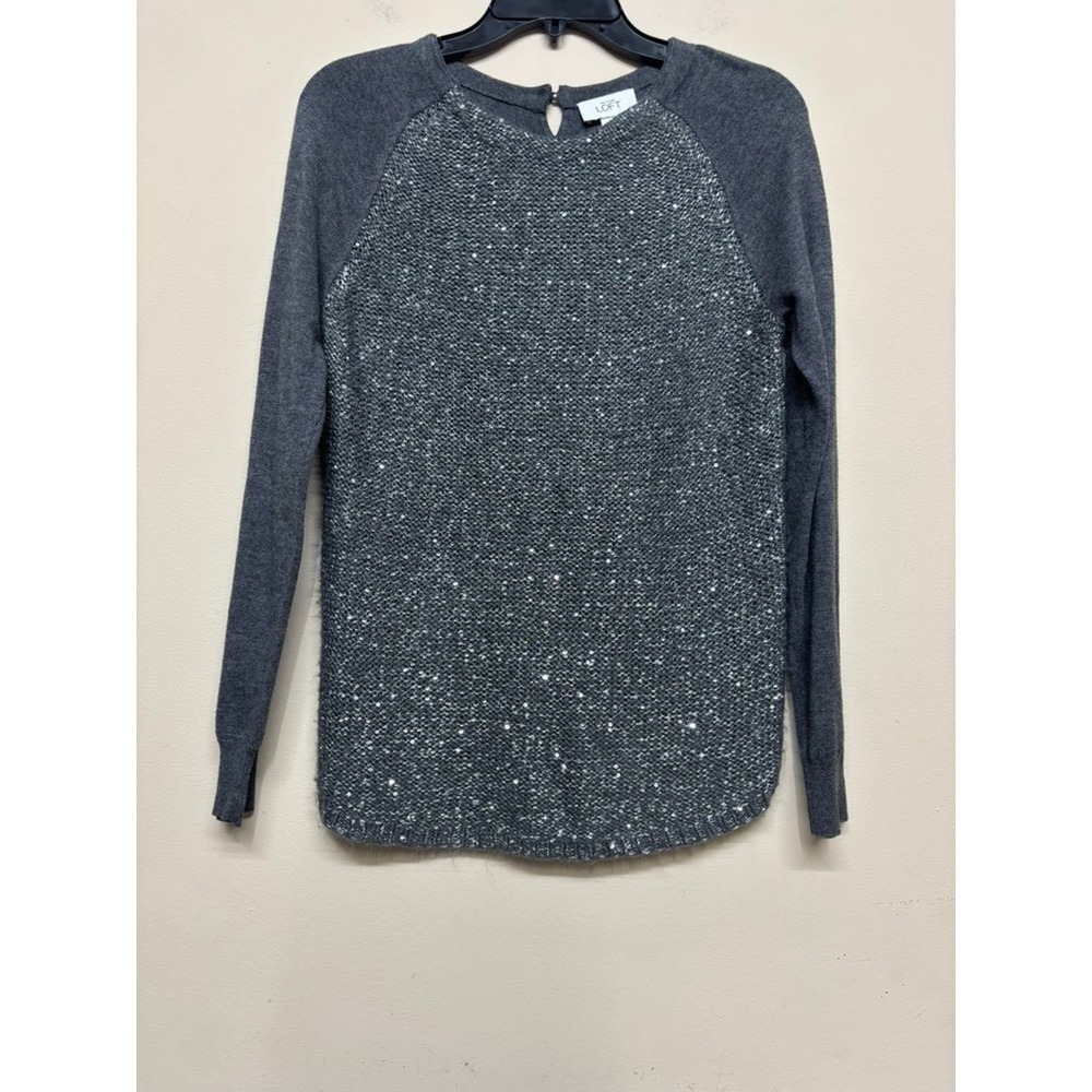 LOFT Gray Sequin Front Raglan Sweater‎ Womens Small Sparkle Chic Pullover Top